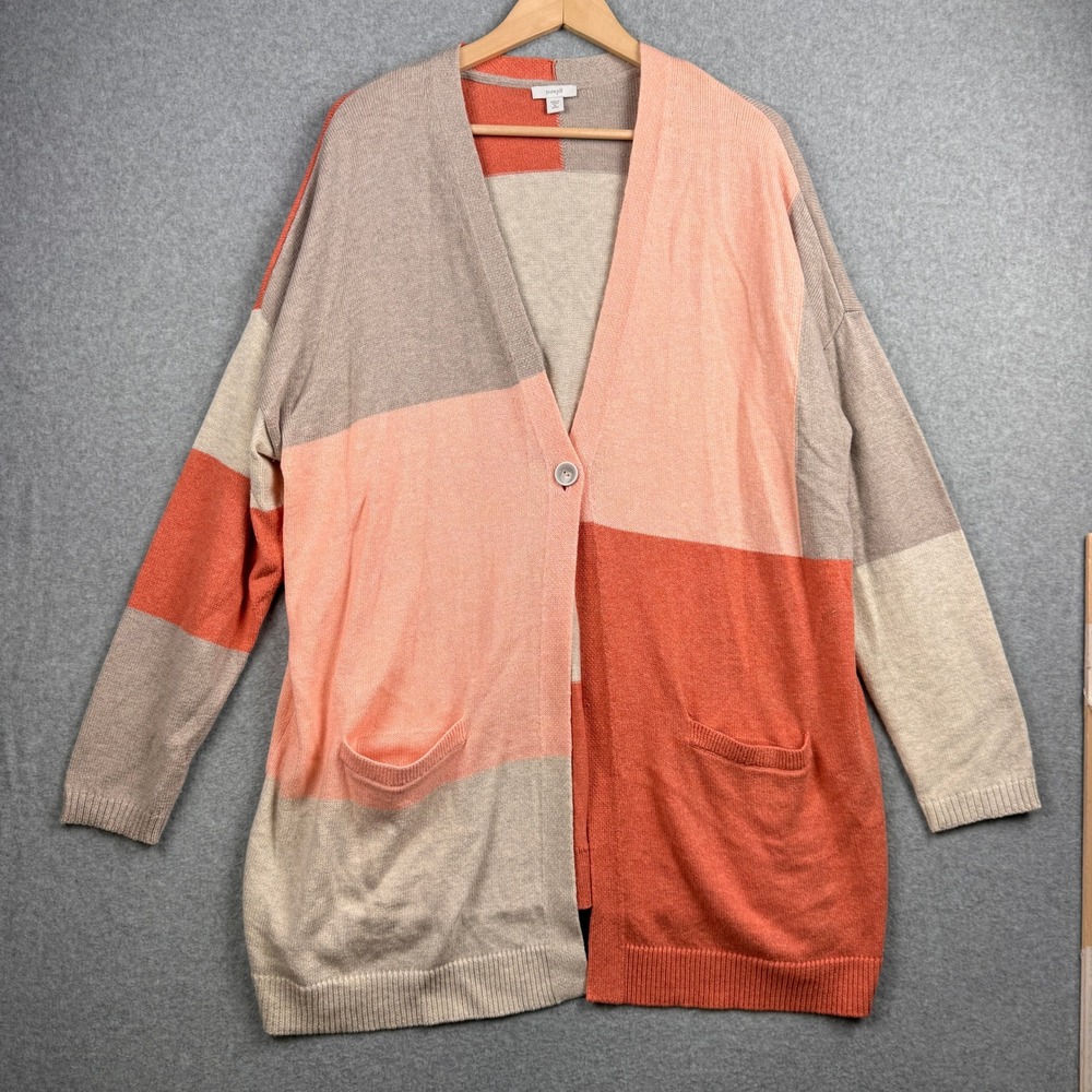 Pure Jill Cardigan Sweater Womens XL Petite Coral Colorblock Longline Knit